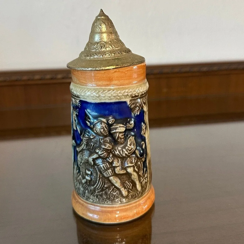 Vintage Miniature German Style Beer Stein Japan Cobalt Blue Relief Metal Lid 6